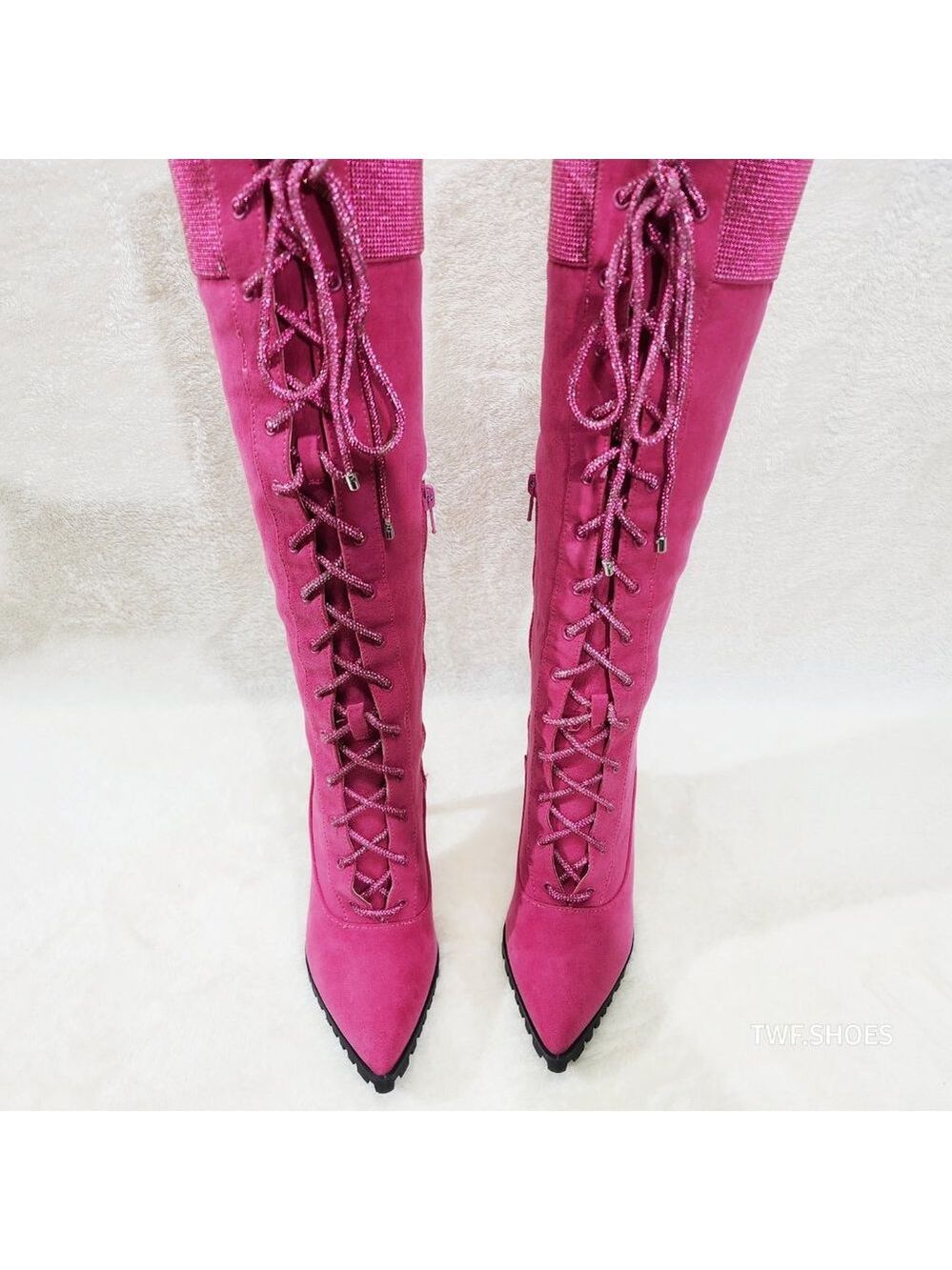 Queens FX Suede & Rhinestone Pointy Toe High Heels Stiletto Lace Up Knee Boots - Picture 9 of 14